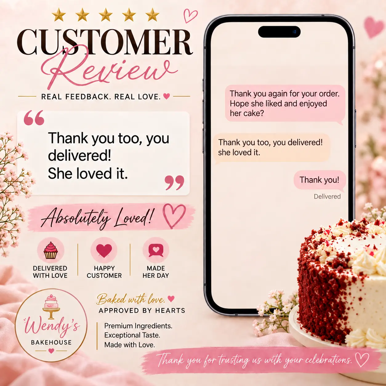 Customer review saying the cake was delivered and loved