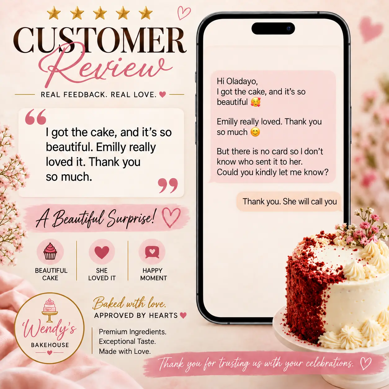 Customer review praising a beautiful cake that Emily loved