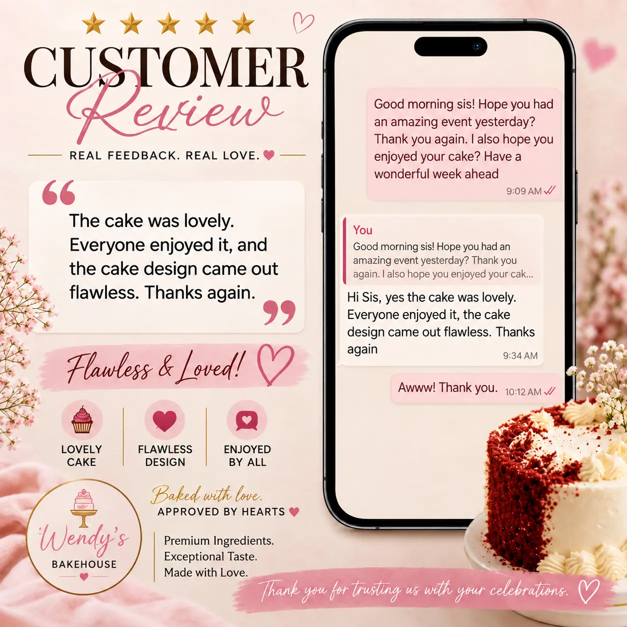 Customer review praising a lovely cake and flawless design